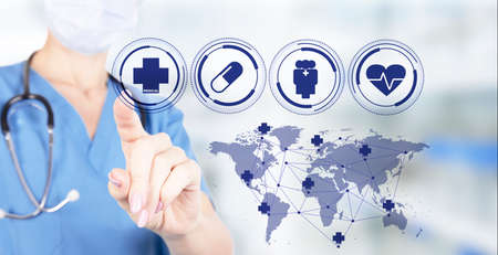 Concept for health insurance, family protection on a virtual screen and doctor touching a button....