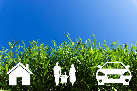 White icons of different types of insurance on a background of green grass and blue sky. Concept Life insurance, car, property insurance. Copy space. High quality photoの写真素材