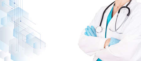 Female doctor in medical clothes with a stethoscope on a medical white background. Side view....
