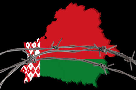 Republic of Belarus, geographical border in the colors of the national flag and barbed wire on a black background. High quality photoの写真素材