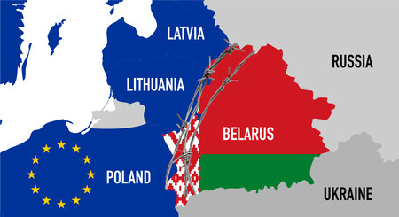 Republic of Belarus and the European Union, geographical border, in the colors of the national flag and barbed wire between the countries. Hybrid war concept. High quality photoの写真素材