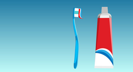 Blue toothbrush with colorful paste and toothpaste tube in red, blue and white colors on a light blue gradient background. Concept brush your teeth, mouth. Copy space. Vector illustrationのイラスト素材