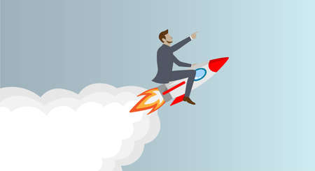 Successful happy businessman flying on rocket to goal. Leadership, start-up, growth and opportunity vector business cartoon concept. Vector illustrationのイラスト素材