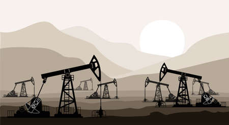Oil pumps and drilling rigs at the field during sunset. Vector illustrationのイラスト素材