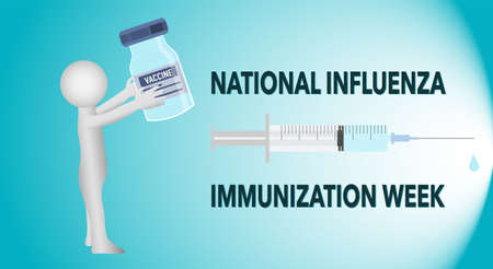 National influenza immunization week, vaccination. Doctor with a syringe and an ampoule with a vaccine. ... Vector illustrationのイラスト素材