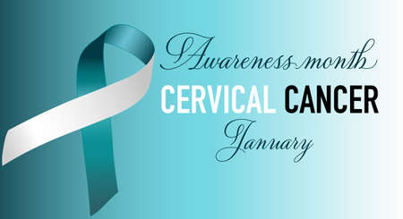 Cervical Cancer Awareness Calligraphy Poster Design. Realistic Teal and White Ribbon. January is Cancer Awareness Month. Vector illustrationのイラスト素材