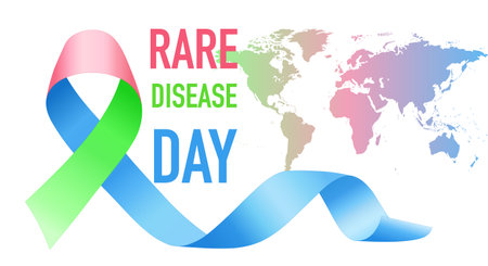 Three-color ribbon for the world rare disease day on 28 of February. On a world map background. Vector illustrationのイラスト素材