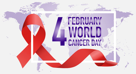 World Cancer Day, February, 4. Text with red ribbon symbol and world map. Vector illustration of the concept of world cancer dayのイラスト素材