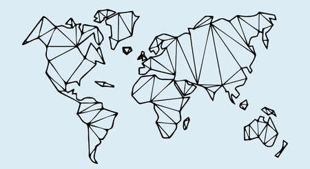 Vector map of the world on a blue background. Flat earth, black card template for website, annual report, infographics. Globe, world map icon. Travel the world, map silhouette background. Vector illustrationのイラスト素材