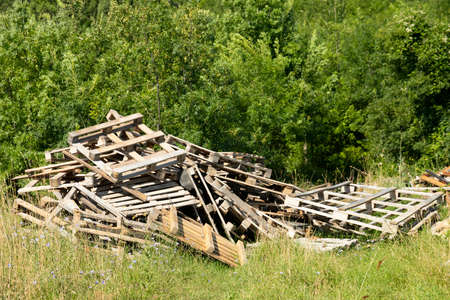 Heap of old wooden pallets, dump on the background of nature. High quality photoの写真素材