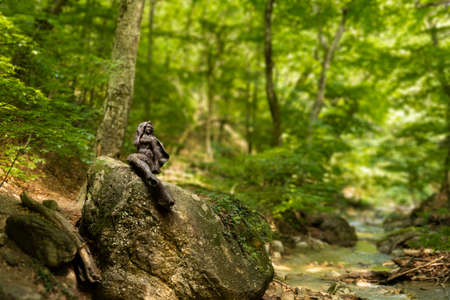 A sculpture of a woman sitting on a stone near a mountain river that flows through a green oak...