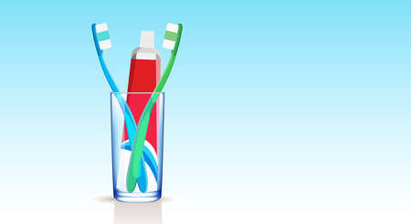 Set of blue and green toothbrushes and multi-colored toothpaste in a medical tube in a glass beaker on a blue gradient background. Copy space. Vector illustrationのイラスト素材