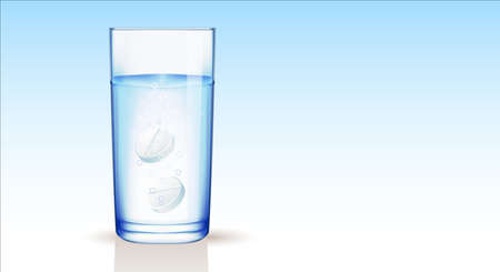 Transparent glass with water and effervescent, instant tablets with bubbles, blue gradient background. Copy space. Vector illustrationのイラスト素材