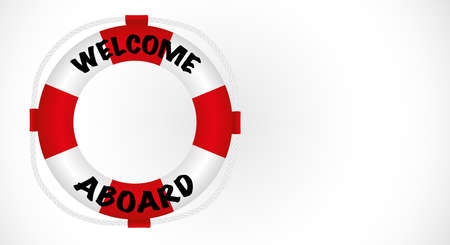 Welcome aboard, Lifebuoy in vibrant red and white with reminder text. Copy space. Vector illustrationのイラスト素材