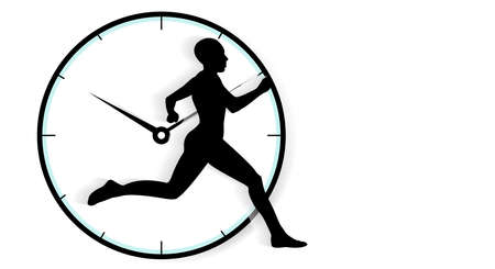 Get ahead of your time, sport concept, black silhouette of a running man on the background of a clock with a dial and arrows on a white background. Copy space. Vector illustrationのイラスト素材