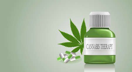 Cannabis therapy, medical cannabis oil in a bottle with marijuana leaf and pills capsules on a classic green gradient background. Copy space. Vector illustrationのイラスト素材