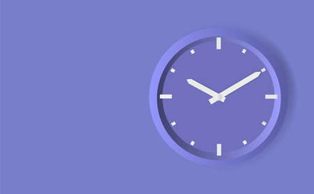 Stylish round clock with white hands and purple dial on the wall. In trendy purple, the background is very peri. copyspace. vector illustrationのイラスト素材