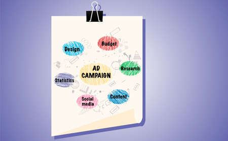 AD campaign. Process and diagram with strategy arrows and words budget, research, content, social media, statistics. The scheme is shown on the white page of the notebook. copyspace. vector illustrationのイラスト素材