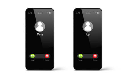 Incoming call on smartphone screen. Incoming calls from mother and son. Flat design vector illustration. Modern concept for web banners, websites. call service. vector illustrationのイラスト素材