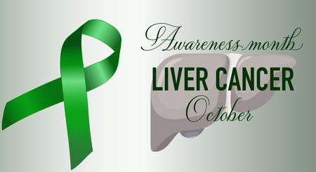 The green ribbon, as a symbol of liver cancer awareness, is celebrated annually in October. Banner, poster. vector illustrationのイラスト素材