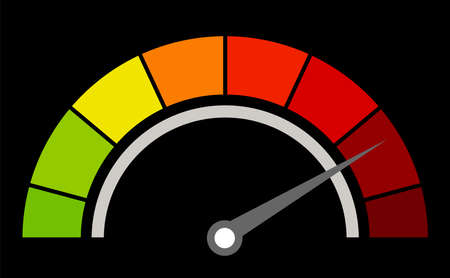 Manometer or measuring indicator. Speedometer icon with red, yellow, green scale and arrow....