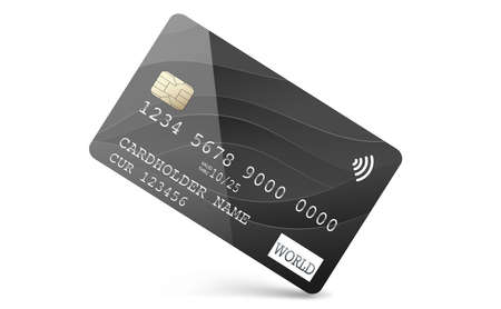 Plastic, banking, credit card in black with a golden chip on a white background. The concept of contactless, wireless online payments. vector illustrationのイラスト素材