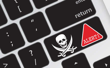 Laptop keyboard with skull and crossbones icon and red Fishing alert icon. information poster....