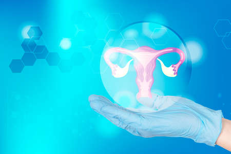 hands of a gynecologist doctor in gloves hold the uterus icon in the amniotic fluid as a symbol of female reproductive health, and medical icons on a blue medical background. medical poster. high quality photoの写真素材