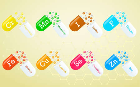 Biologically important elements, trace elements and other active substances. Set of multi-colored capsules, tablets, pills. medical poster. vector illustrationのイラスト素材
