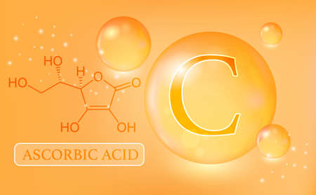 Vitamin C, Ascorbic acid, water drops, capsule on an orange gradient background. Vitamin complex with chemical formula. information medical poster. vector illustrationの写真素材