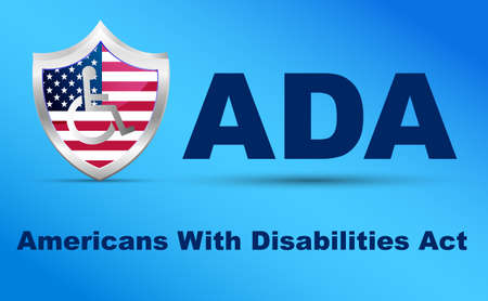 ADA, Americans with Disabilities Act. Shield with USA flag and wheelchair on blue background. information poster. vector illustrationのイラスト素材