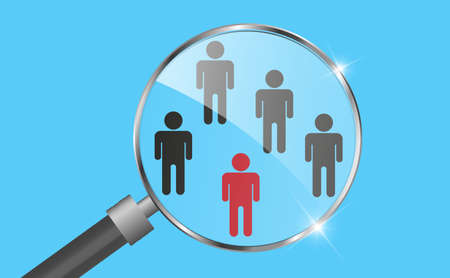 Search futuristic people. Magnifying glass and icons, figurines of people, red and black. Blue gradient background. vector illustrationのイラスト素材