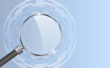 Search futuristic, SEO. Magnifying glass and abstract geometric image of a gear on a blue gradient background. copyspace. vector illustrationのイラスト素材