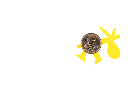 Coin, one US dollar, comes with a bag, a bag for things, gifts, surprises. a crisis. White isolated...