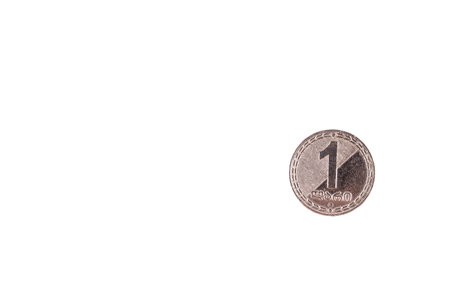 Metal coin, denomination, one Lari Georgia. White isolated background.の写真素材