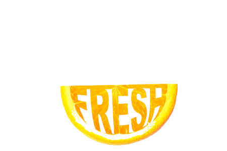 Fresh, orange slice, orange with creative lettering Fresh. White isolated background.の写真素材