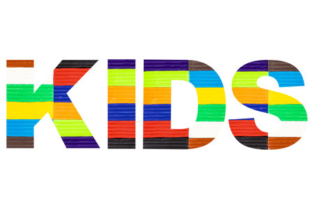 Multicolored kids plasticine, the word children written in plasticine letters. white isolated backgroundの写真素材