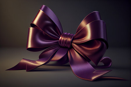 A beautifully tied purple silk ribbon gift bow on a dark background.の素材