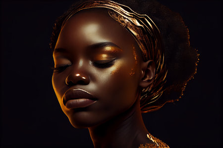 African woman, a dark-skinned woman with golden makeup. art portrait.の素材