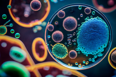 Bacteria, microbes, cells close-up, macro, in a petri dish.の素材