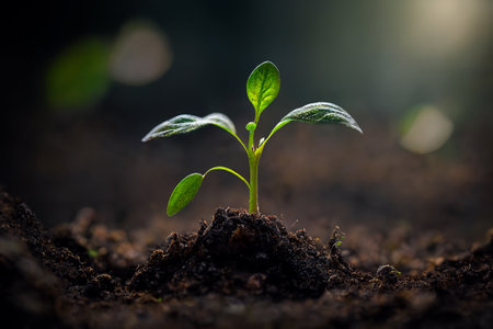 A small green sprout sprouted from the ground against a dark blurry background.の素材