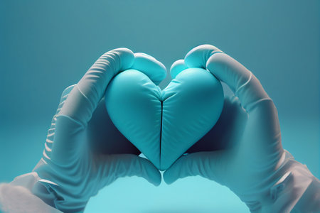 The doctor is holding a blue heart with his hands.の素材