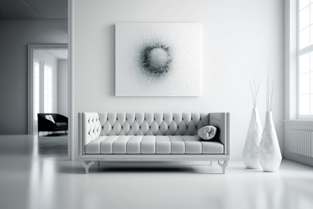 White sofa in a white room with a minimal modern design in white tones. 3D rendering.の素材