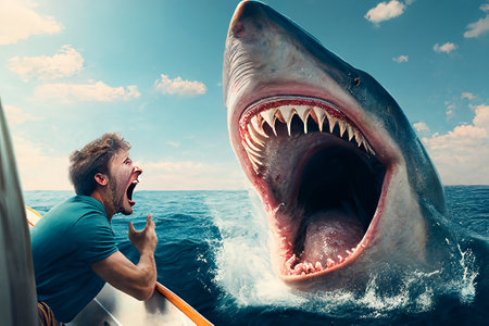 A great shark attacks a man sitting in a boat.の素材
