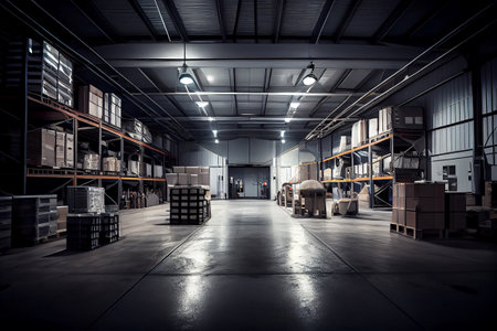 Large warehouse for storage of goods, racks, shelves, goods, background.の素材
