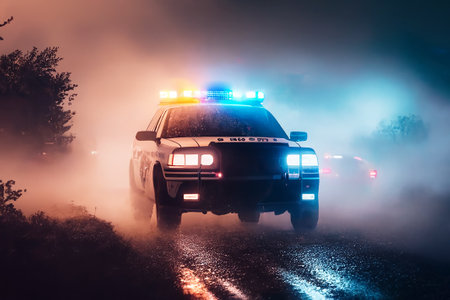 Police lights and a police car on the street.の写真素材