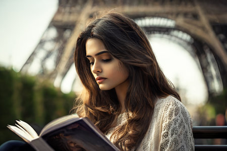 An Indian girl student reading a book against the backdrop of the Eiffel Tower in Paris.の写真素材