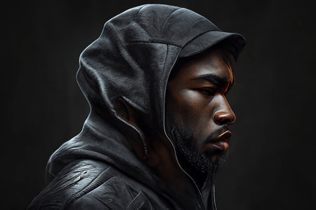 Black rapper musician. Portrait of a young black male Afro-American against a dark background.