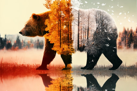 The bear goes from fall to winter. Double Exposure.の写真素材