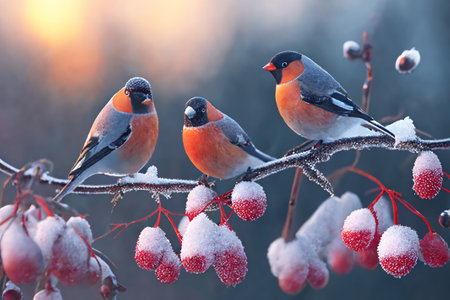 Winter, birds on a branch. SNEGIR, Pyrrhula pyrrhula.の写真素材